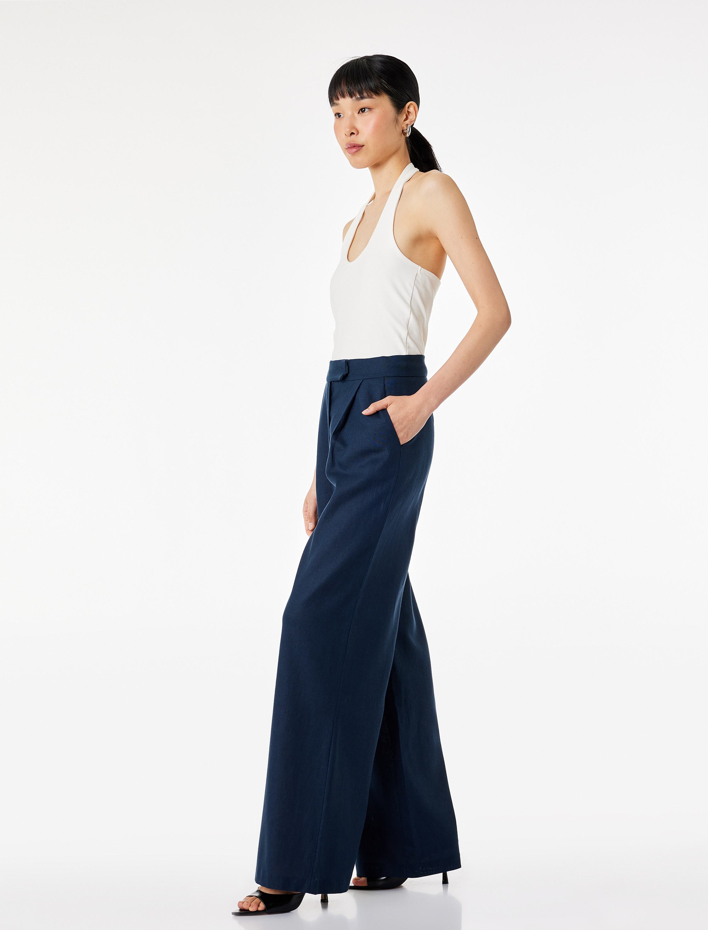   Cepli Pileli Geniş Paça Keten Pantolon