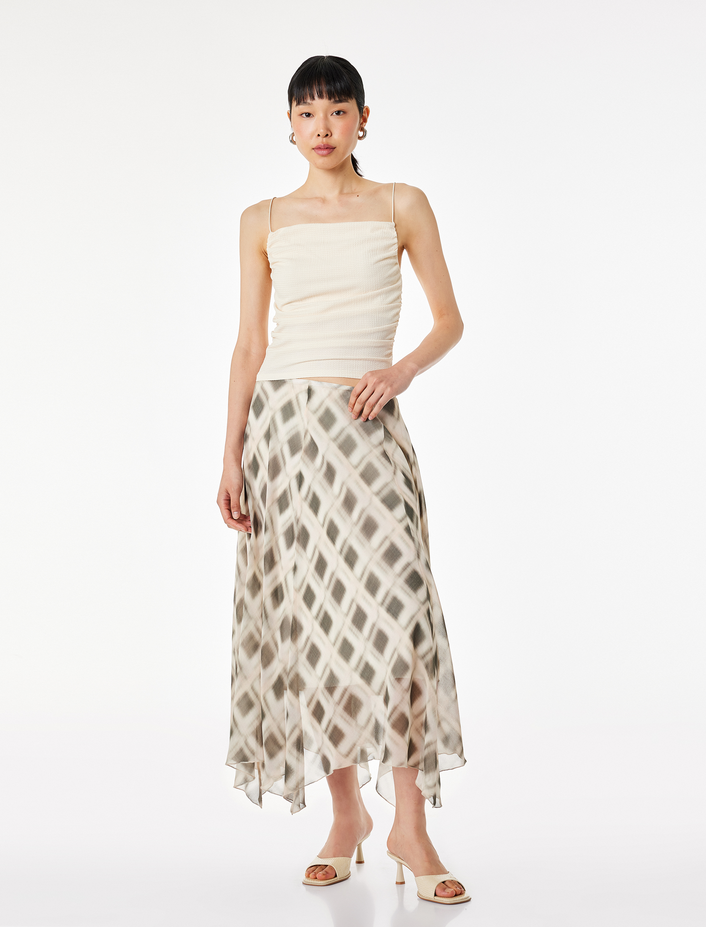   Asimetrik Kesim Midi Boy Ekose Şifon Etek