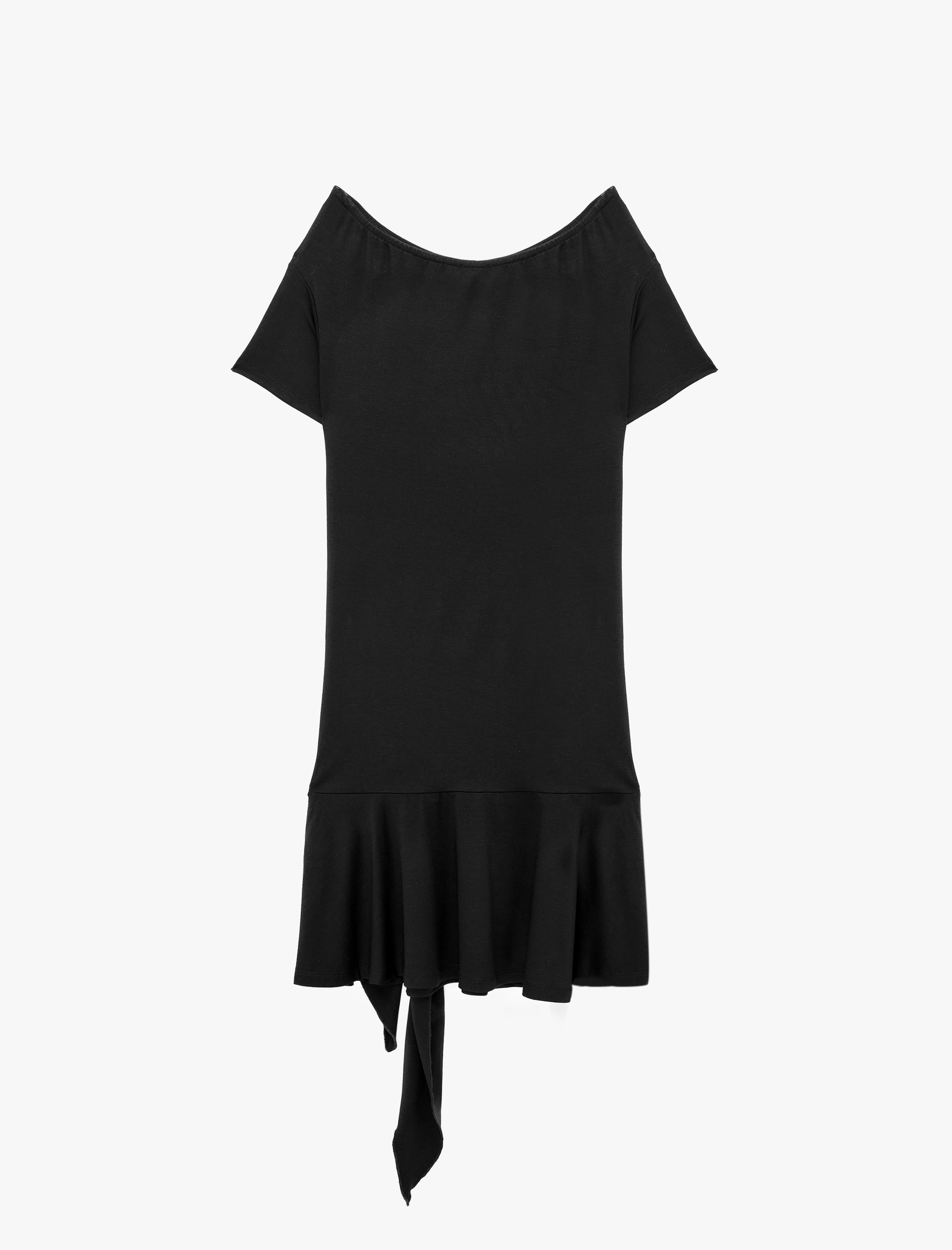   Viskon Likralı Kumaş Slim Fit Bağlama Detaylı Kısa Kollu Kayık Yaka Omzu Açık Mini Elbise
