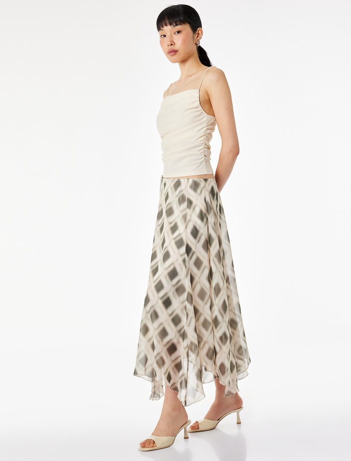  Asimetrik Kesim Midi Boy Ekose Şifon Etek