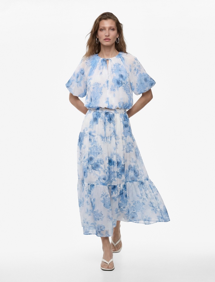  Bağcık Detaylı Katmanlı Çiçek Desenli Şifon Etek