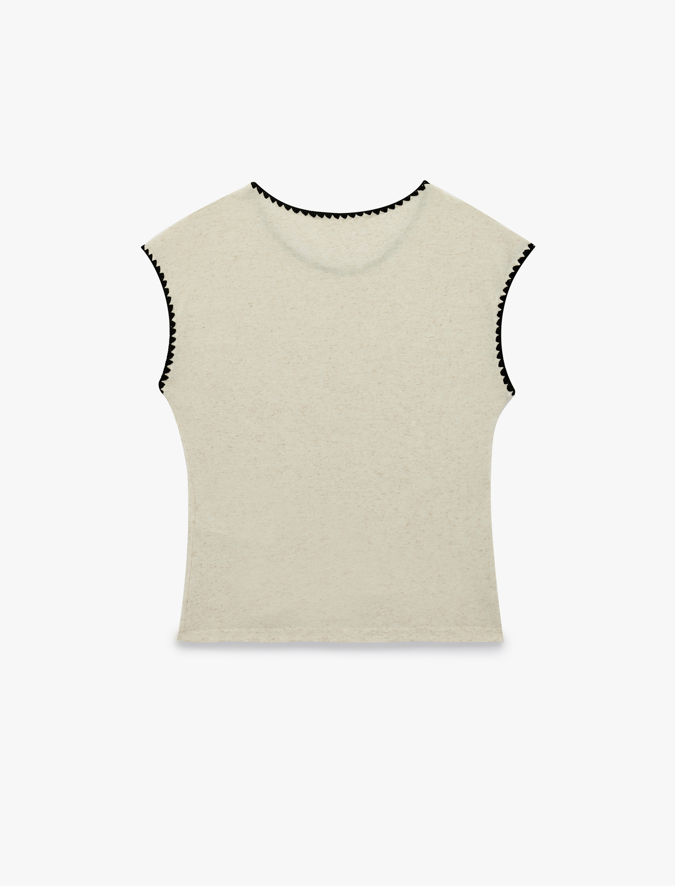  Keten Karışımlı Slim Fit Nakış Detaylı Bisiklet Yaka Kolsuz Tişört
