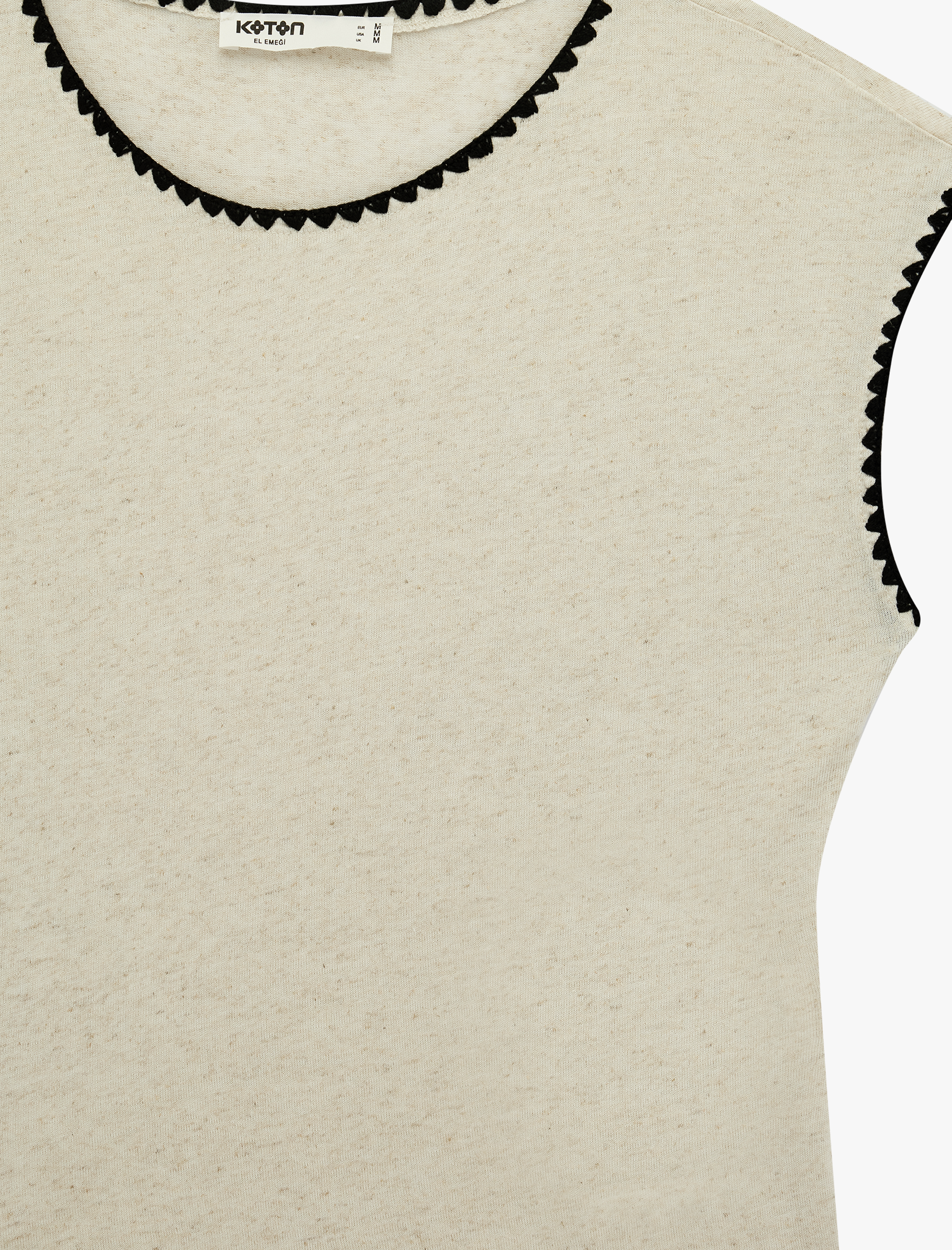   Keten Karışımlı Slim Fit Nakış Detaylı Bisiklet Yaka Kolsuz Tişört