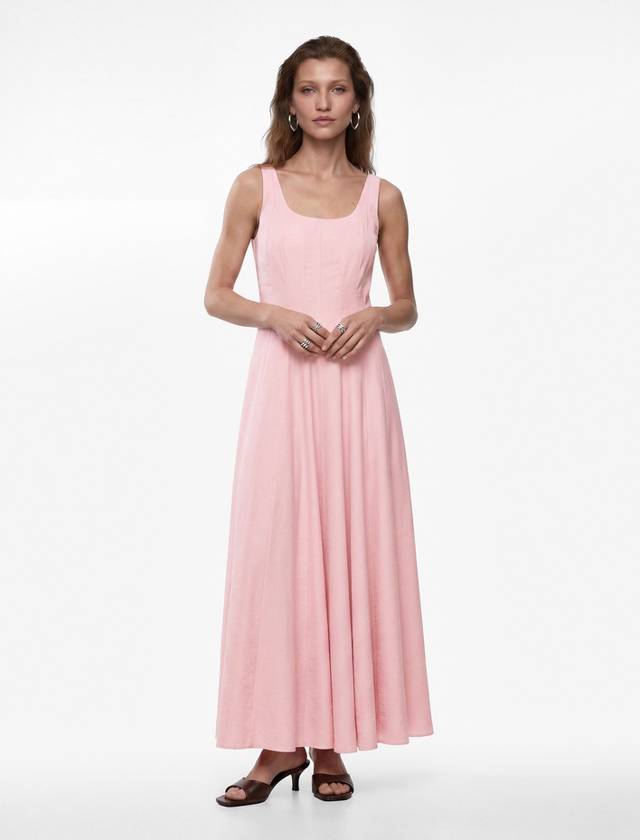  Modal Kumaş Kare Yaka Kolsuz Kalın Askılı Uzun Kloş Elbise