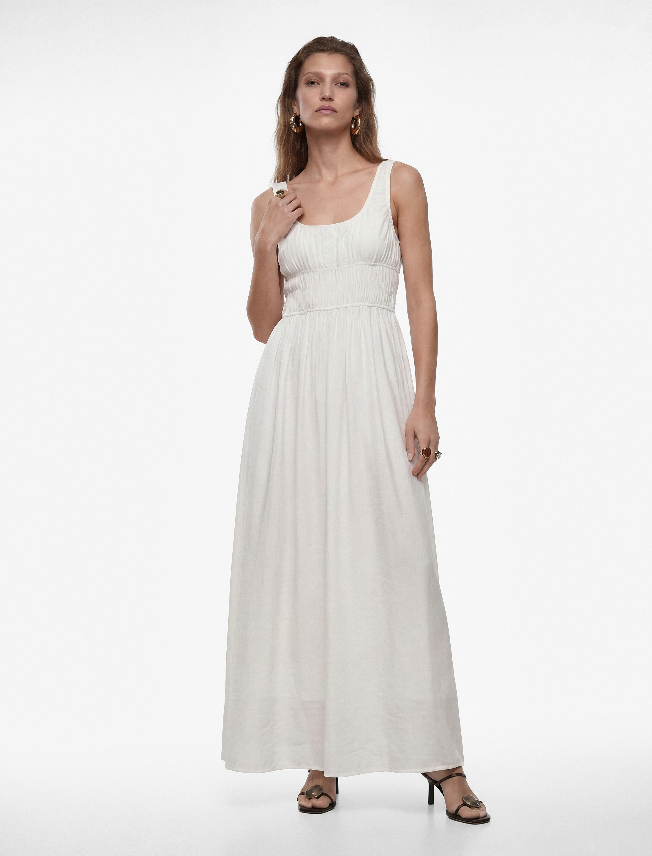   Pamuklu U Yaka Kalın Askılı Uzun Elbise