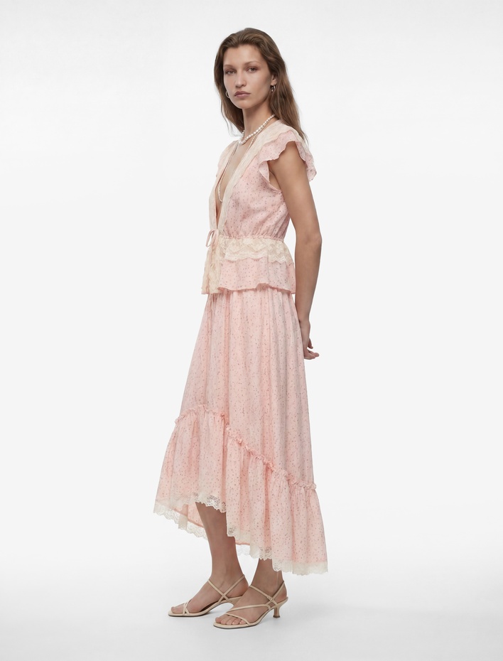  Beli Lastikli Bağlamalı Fırfırlı Dantel Detaylı Asimetrik Çiçekli Midi Etek