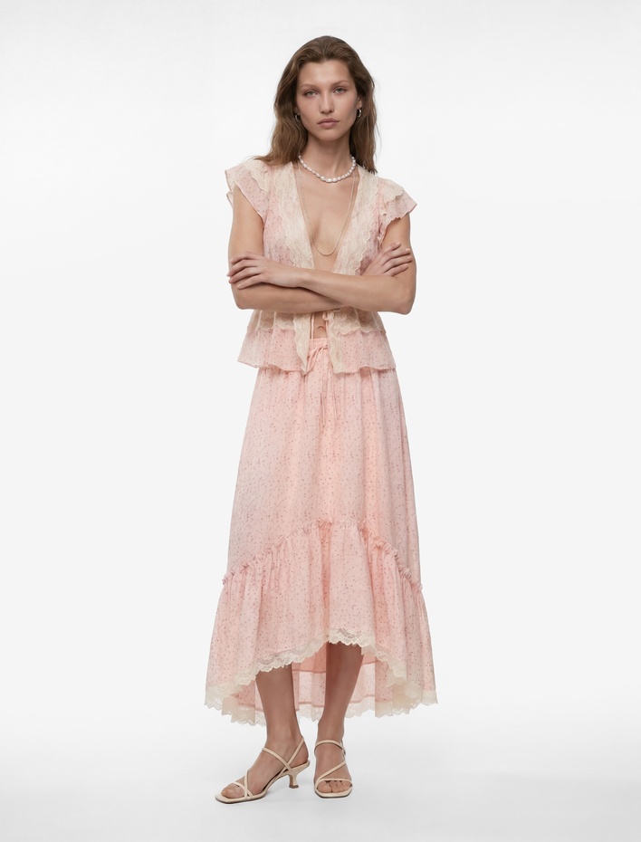  Beli Lastikli Bağlamalı Fırfırlı Dantel Detaylı Asimetrik Çiçekli Midi Etek