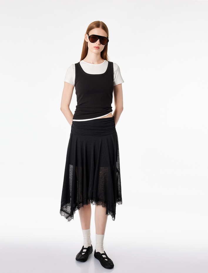  Dantel Detaylı Asimetrik Slim Fit Midi Etek