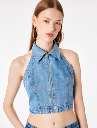 Fermuar Detaylı Halter Yaka Crop Kolsuz Denim Bluz