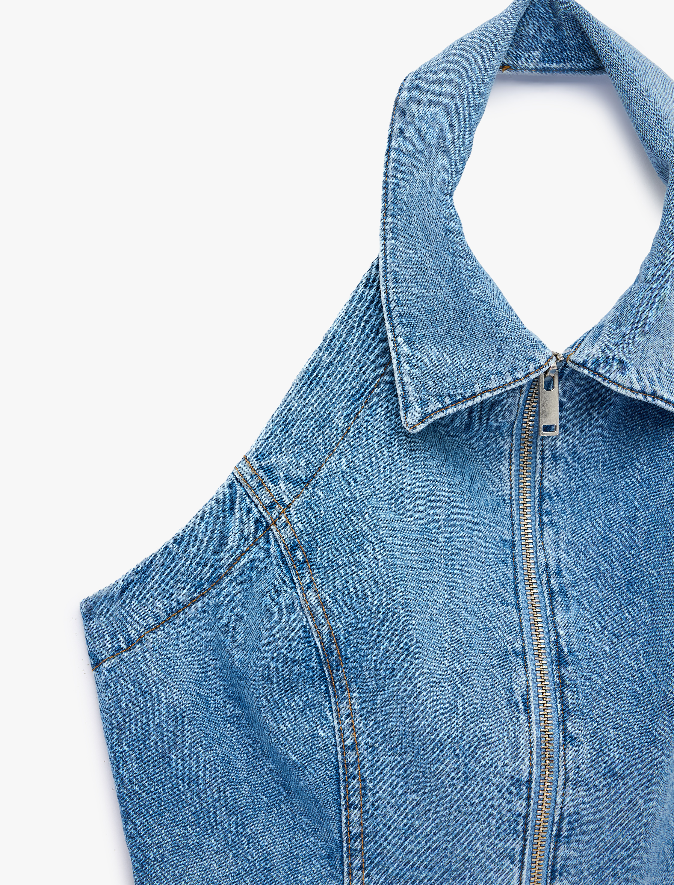   Fermuar Detaylı Halter Yaka Crop Kolsuz Denim Bluz