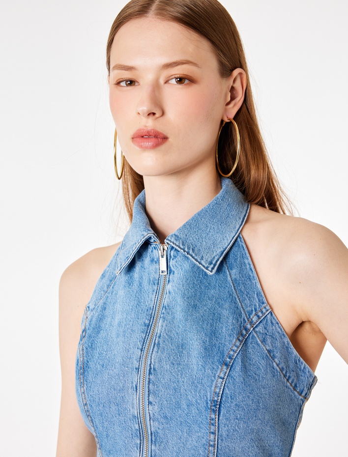  Fermuar Detaylı Halter Yaka Crop Kolsuz Denim Bluz