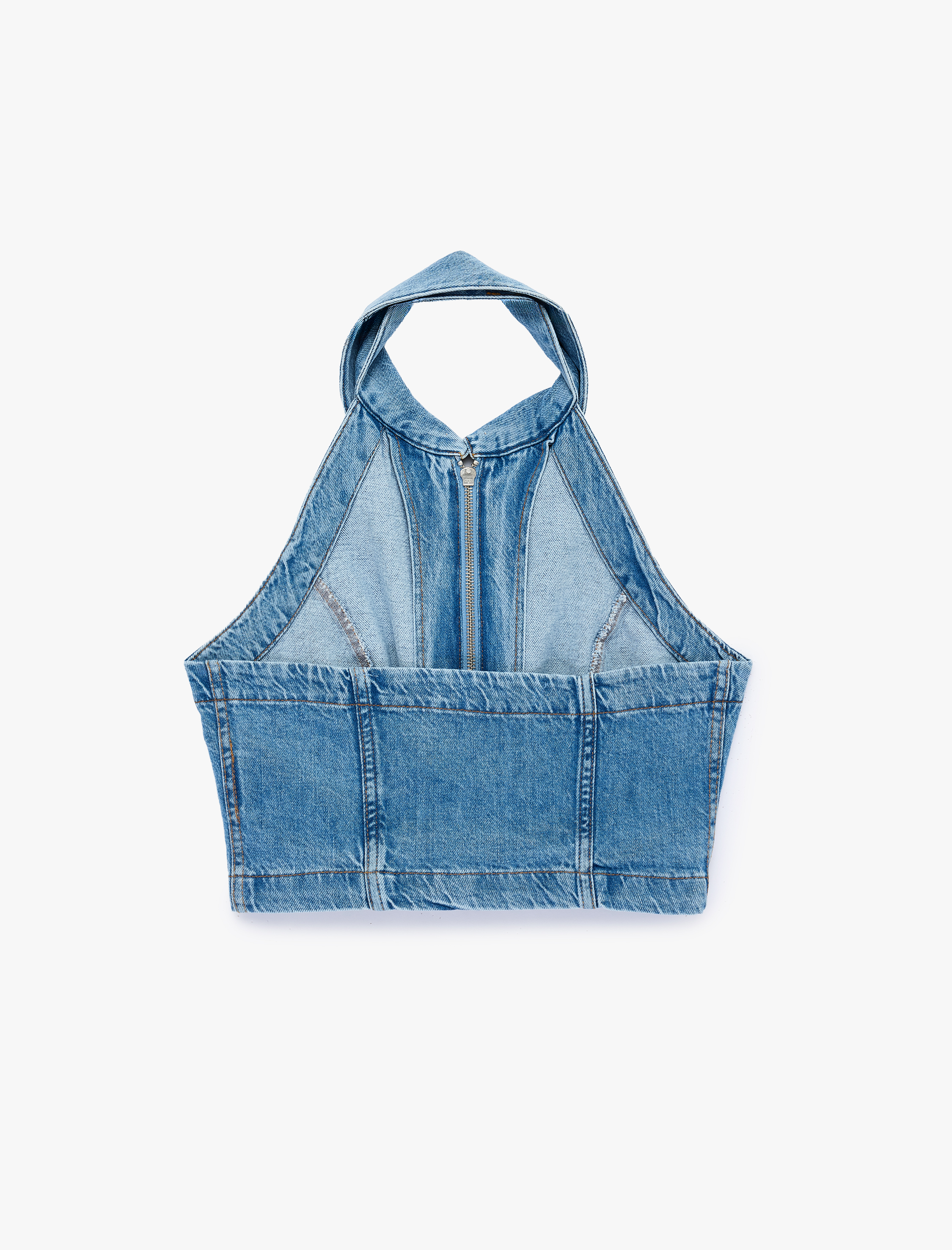   Fermuar Detaylı Halter Yaka Crop Kolsuz Denim Bluz