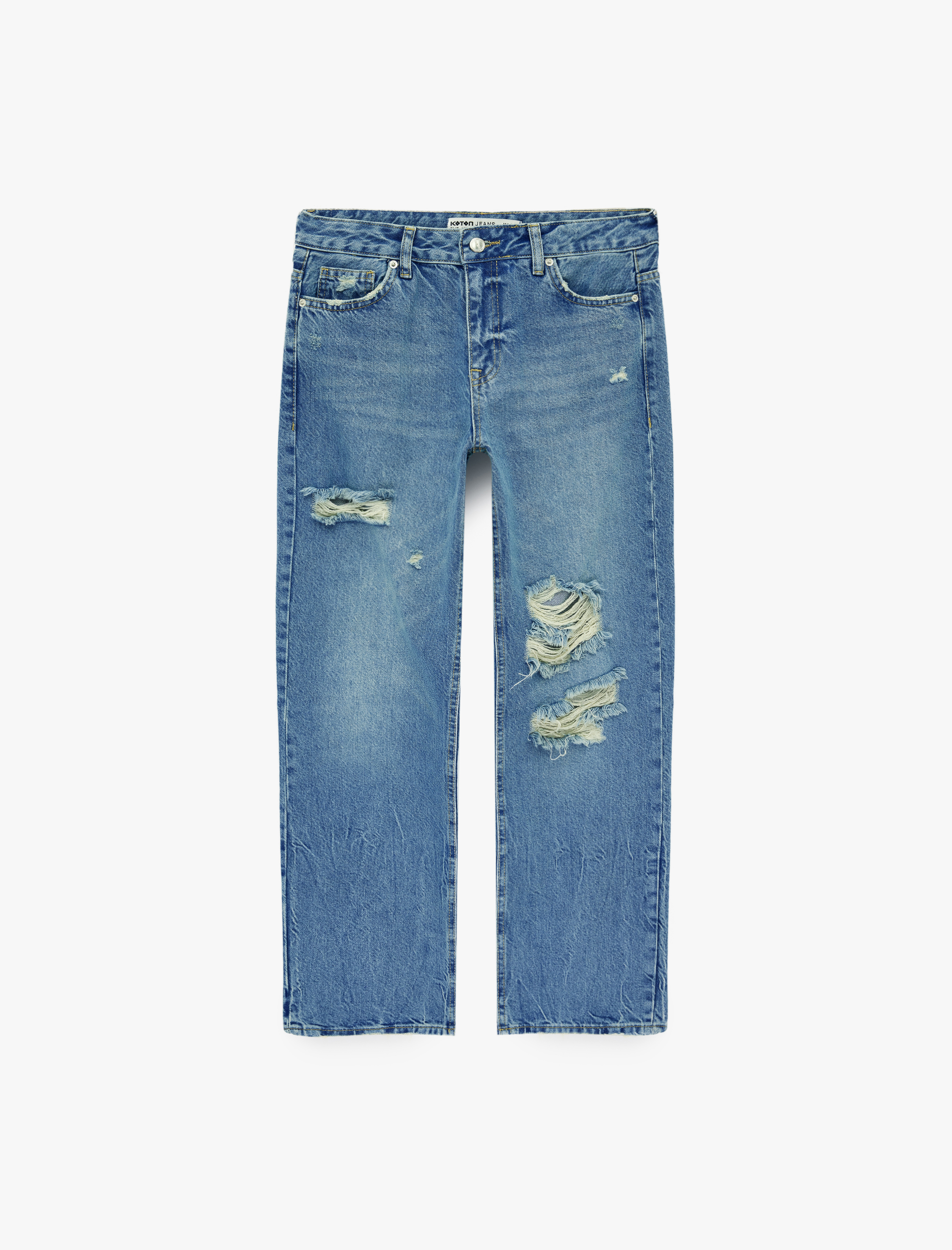   Pamuklu Yıpratma Detaylı Düşük Bel Düz Paça Jean Pantolon - Straight Jeans