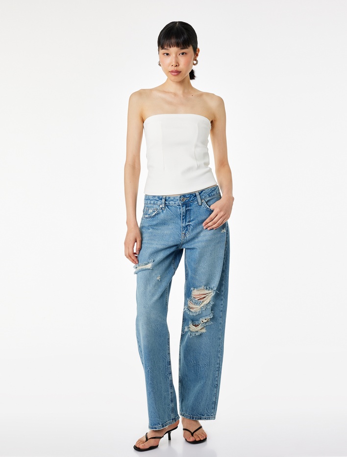  Pamuklu Yıpratma Detaylı Düşük Bel Düz Paça Jean Pantolon - Straight Jeans