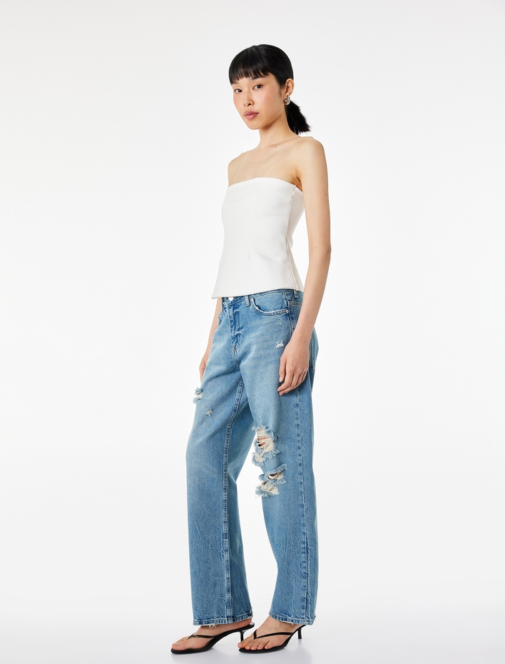  Pamuklu Yıpratma Detaylı Düşük Bel Düz Paça Jean Pantolon - Straight Jeans