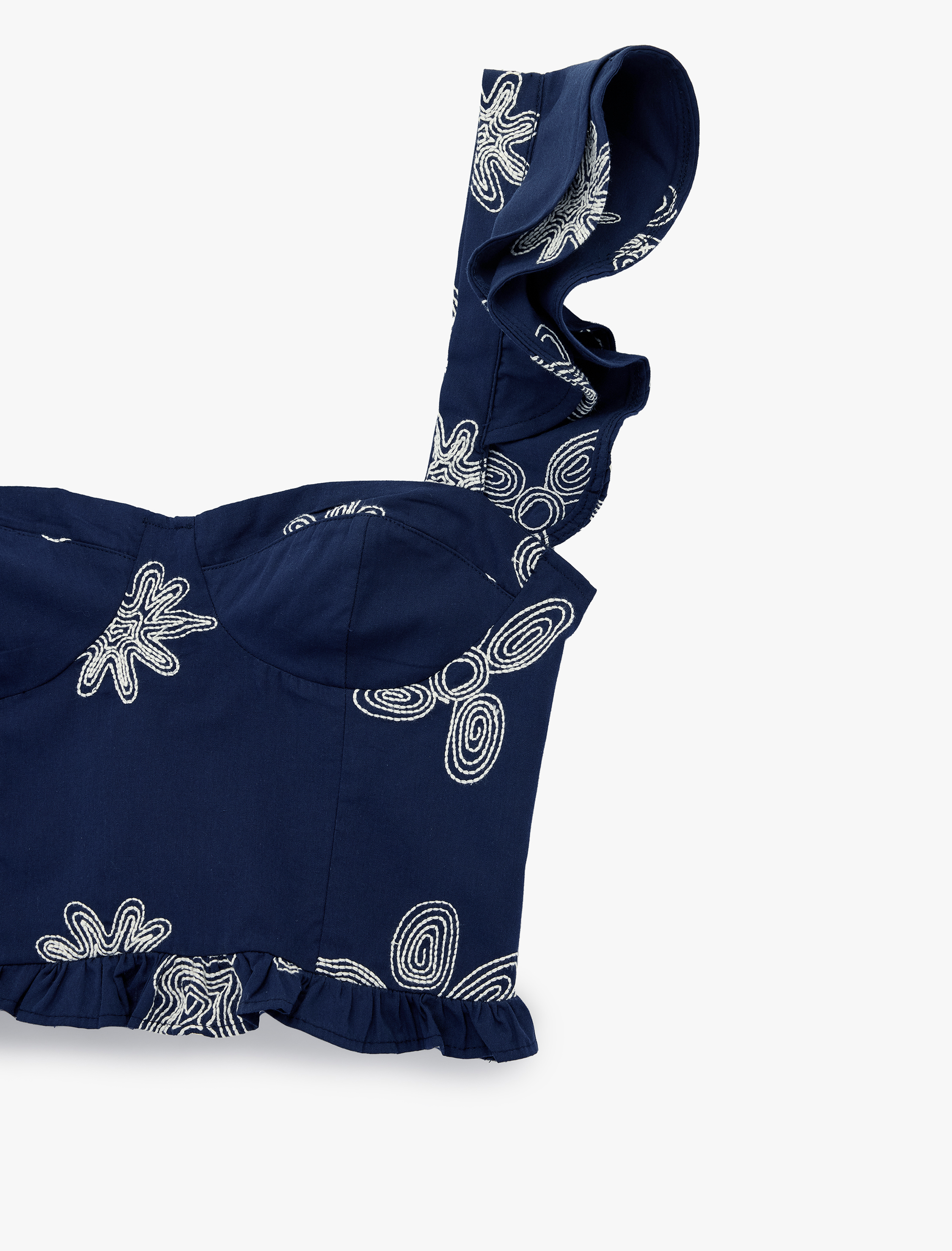   Pamuklu Nakış Detaylı Kolsuz Kalp Yaka Poplin Crop Bluz