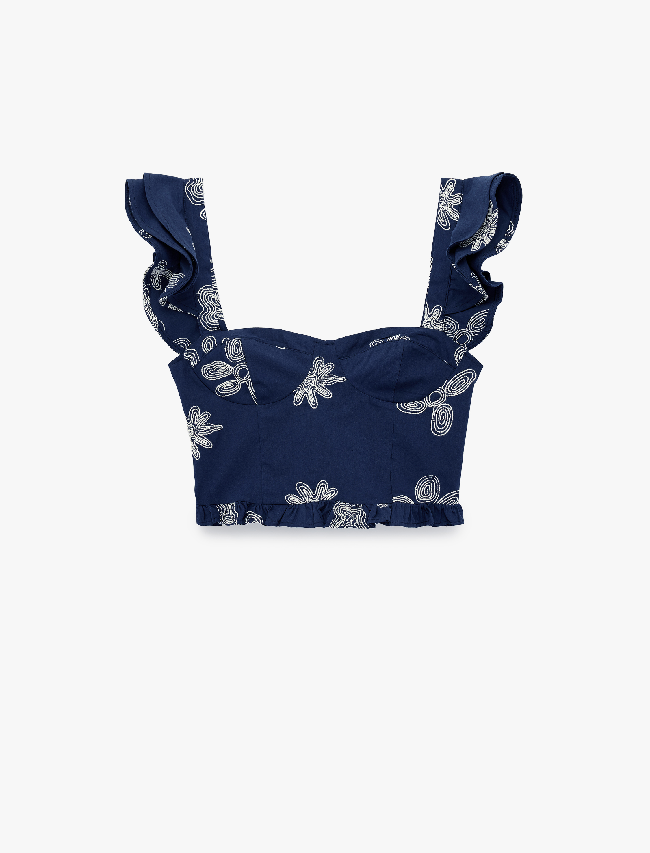   Pamuklu Nakış Detaylı Kolsuz Kalp Yaka Poplin Crop Bluz