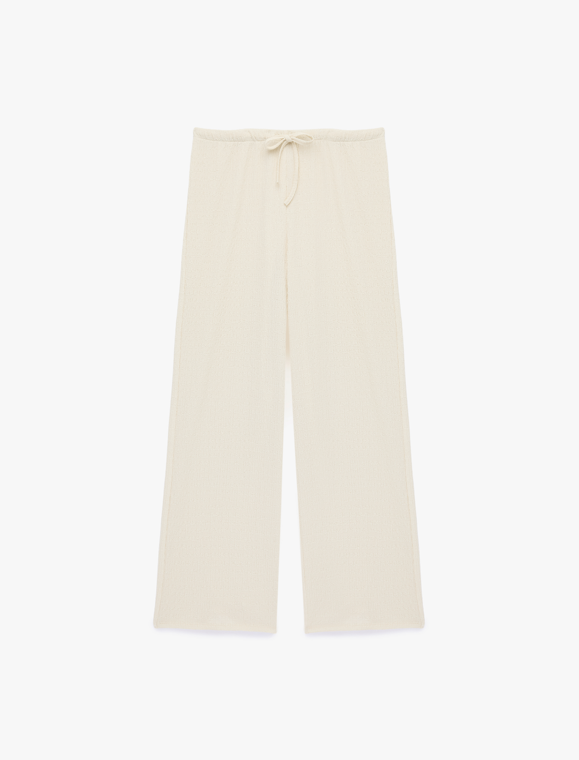   Bürümcük Kumaş Dokulu Beli Bağcıklı Düz Bol Paça Pantolon