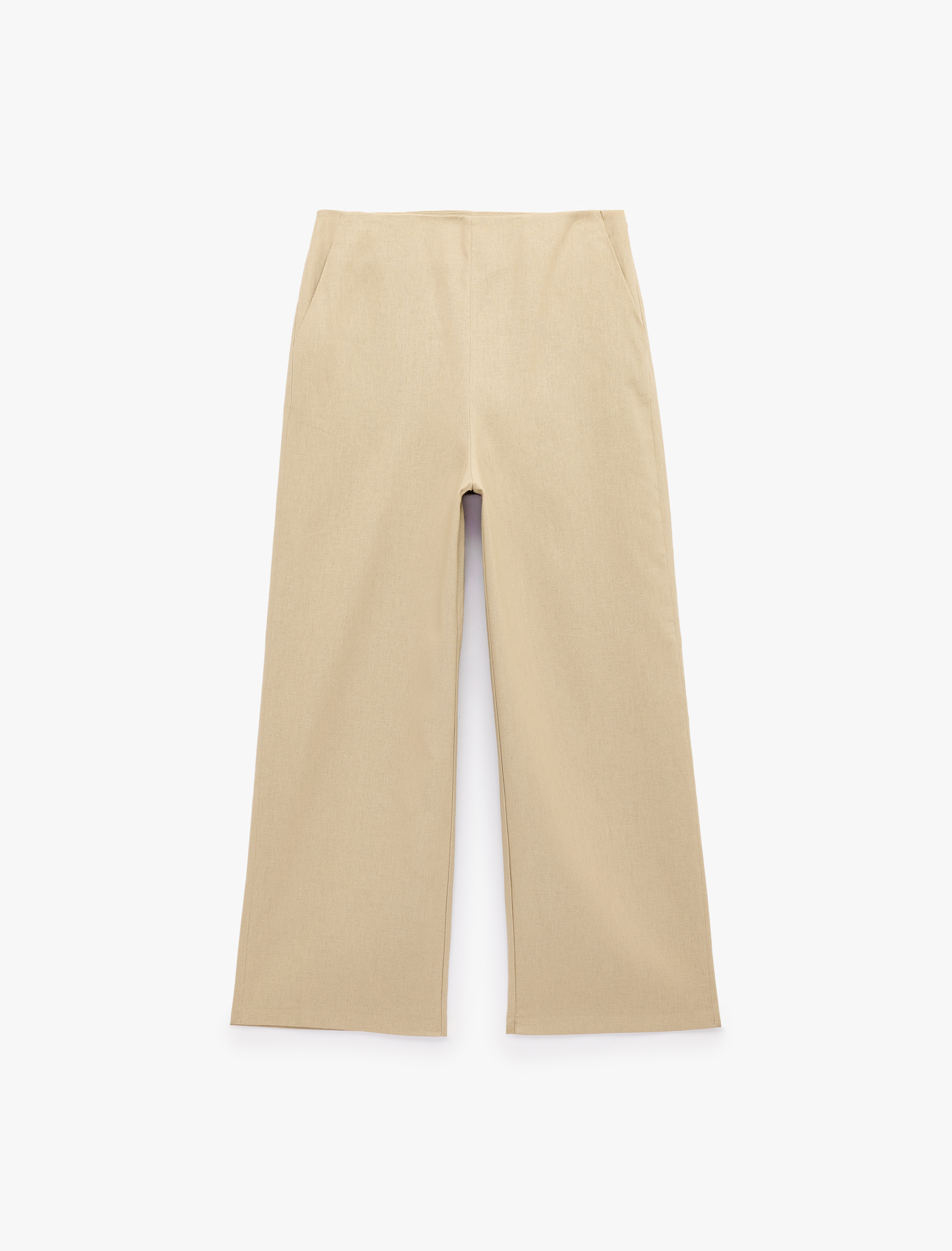   Straight Fit Cepli Düz Bol Paça Keten Pantolon