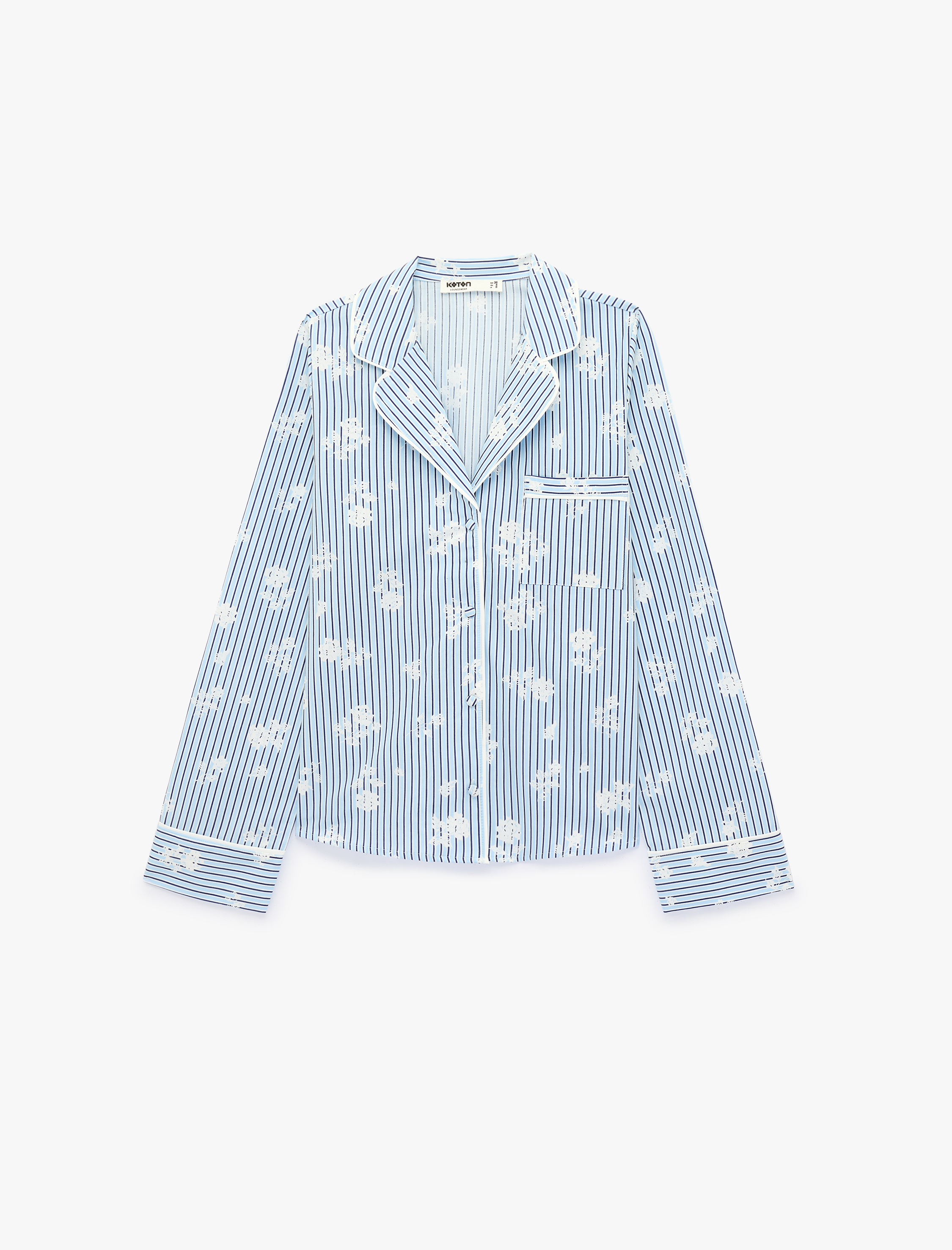   Pamuklu Cep Detaylı Uzun Kollu Çiçek Desenli Çizgili Pijama Üstü