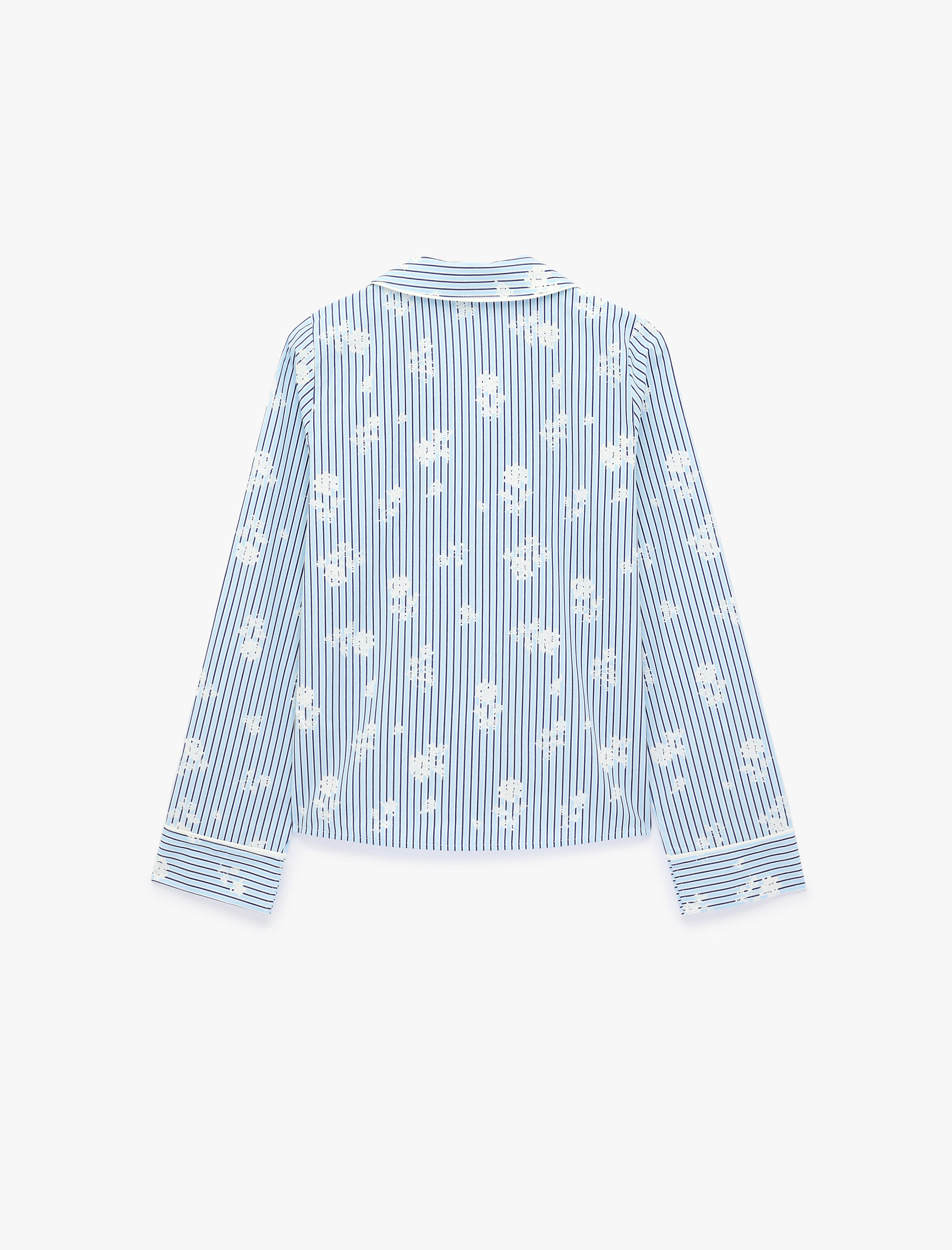   Pamuklu Cep Detaylı Uzun Kollu Çiçek Desenli Çizgili Pijama Üstü