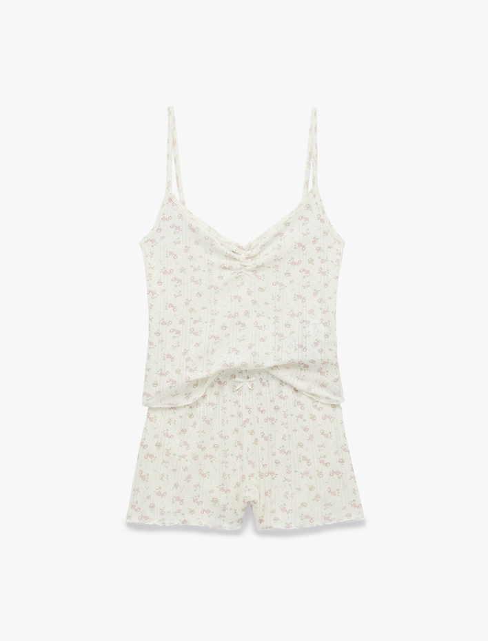  Pamuklu Desenli İnce Askılı Şortlu Pijama Takımı