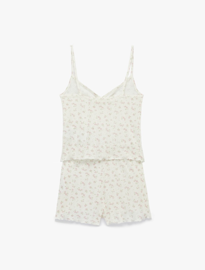  Pamuklu Desenli İnce Askılı Şortlu Pijama Takımı