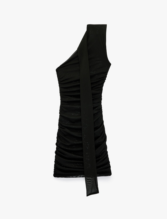  Tek Omuz Tül Detaylı Slim Fit Bodycon Mini Abiye Elbise
