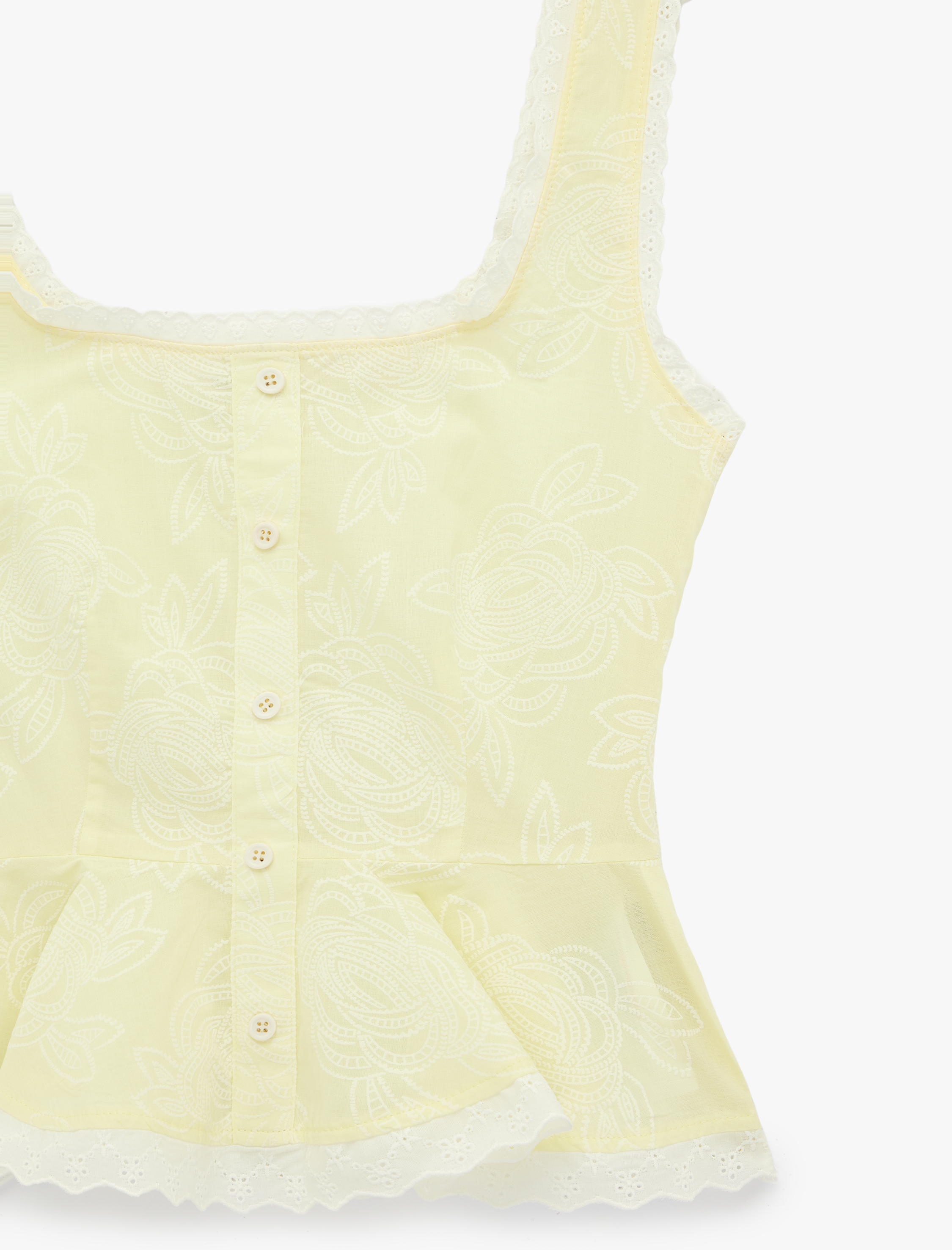   Pamuklu Slim Fit Floral Dokulu Dantel Detaylı Kare Yaka Kalın Askılı Peplum Bluz