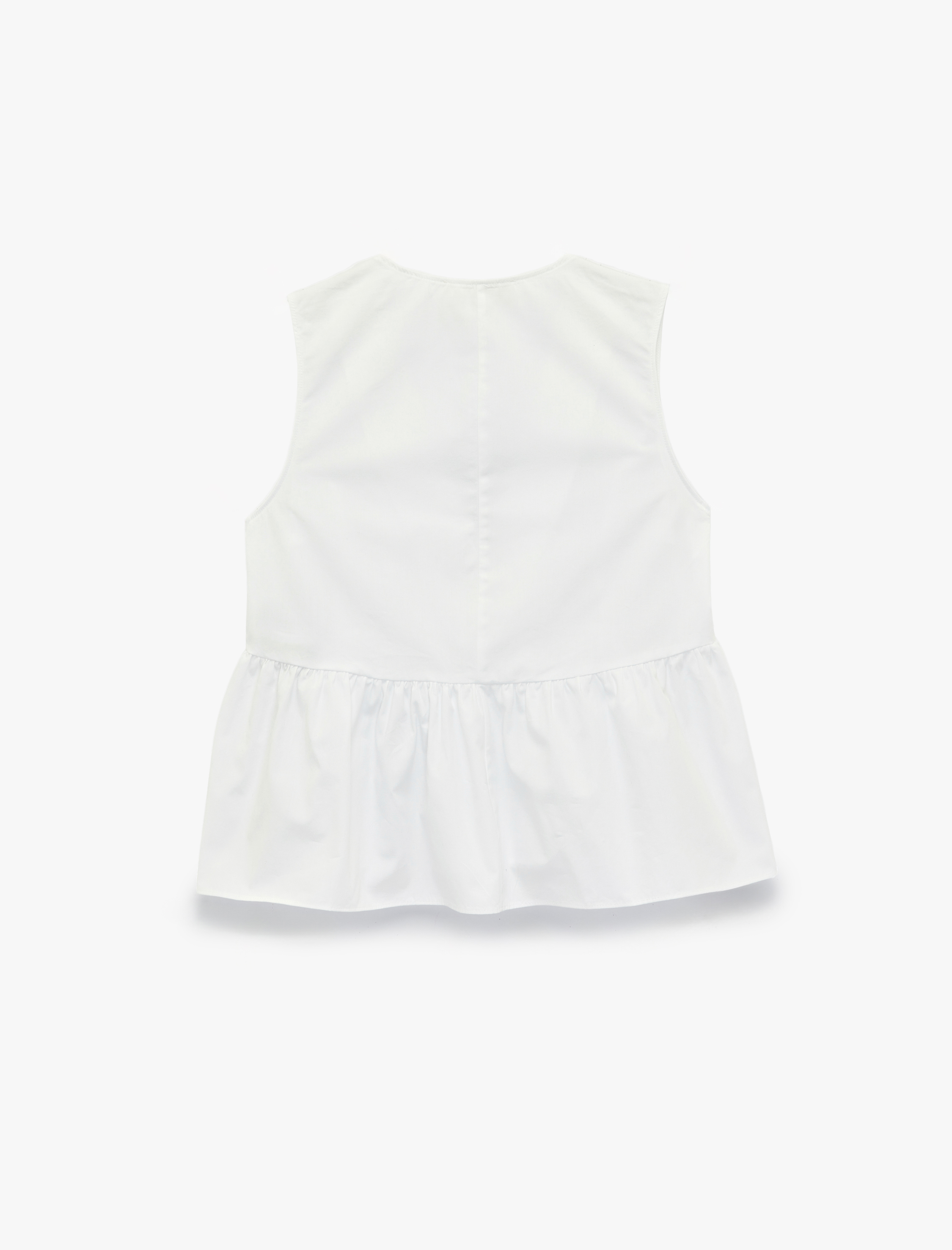   Pamuklu Poplin Kumaş Deniz Kabuğu Aksesuar Detaylı V Yaka Kolsuz Peplum Bluz