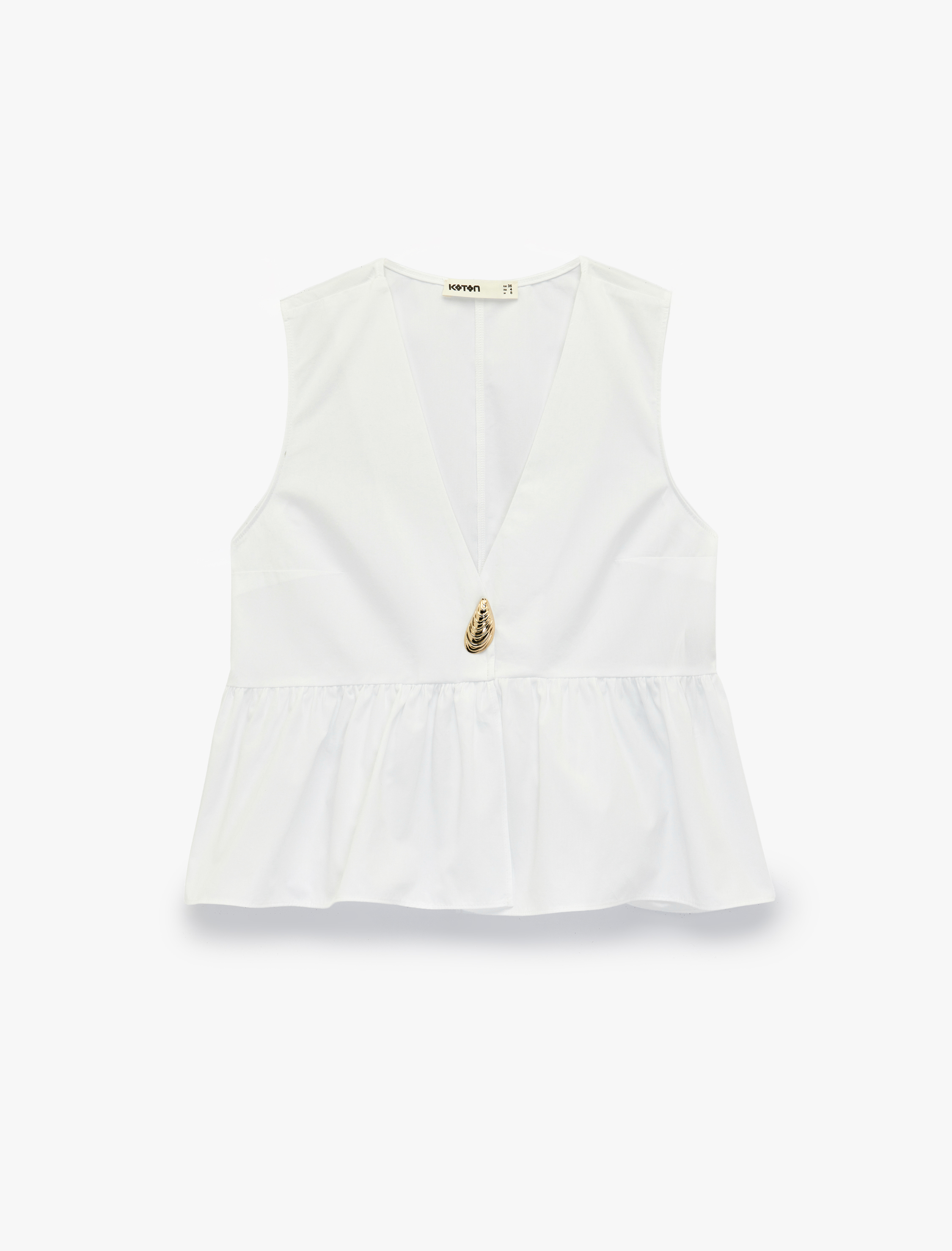   Pamuklu Poplin Kumaş Deniz Kabuğu Aksesuar Detaylı V Yaka Kolsuz Peplum Bluz