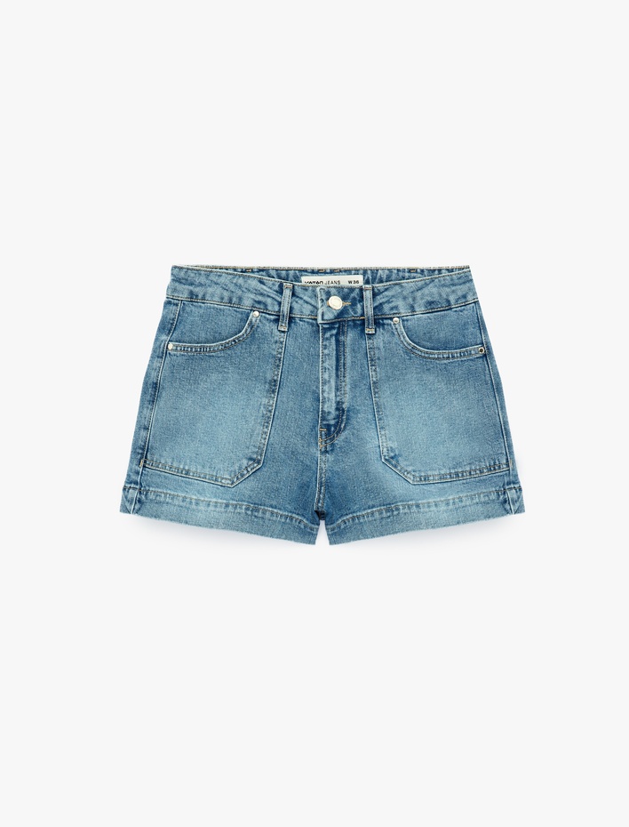  Pamuklu Regular Fit Cep Detaylı Mini Denim  Şort