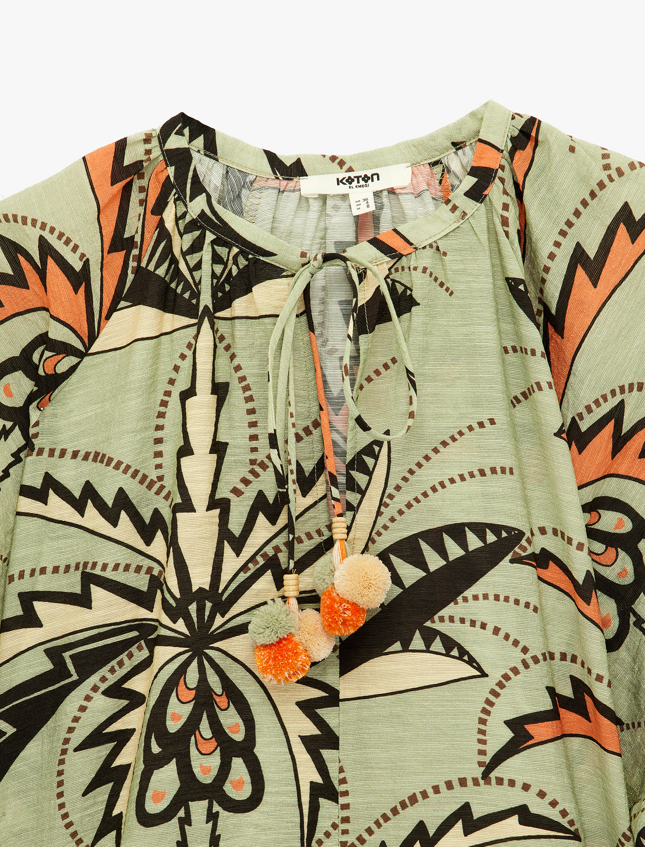   Viskon Bağcıklı Yuvarlak Yaka Karpuz Kollu Floral Oversize Bluz