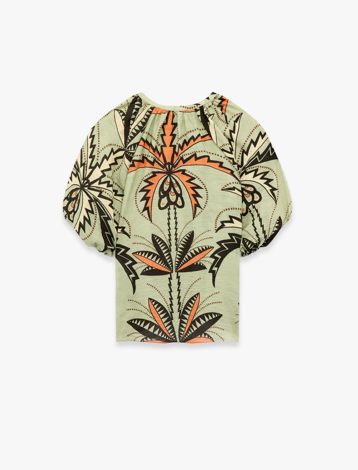  Viskon Bağcıklı Yuvarlak Yaka Karpuz Kollu Floral Oversize Bluz