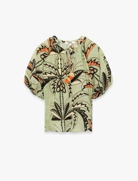 Viskon Bağcıklı Yuvarlak Yaka Karpuz Kollu Floral Oversize Bluz
