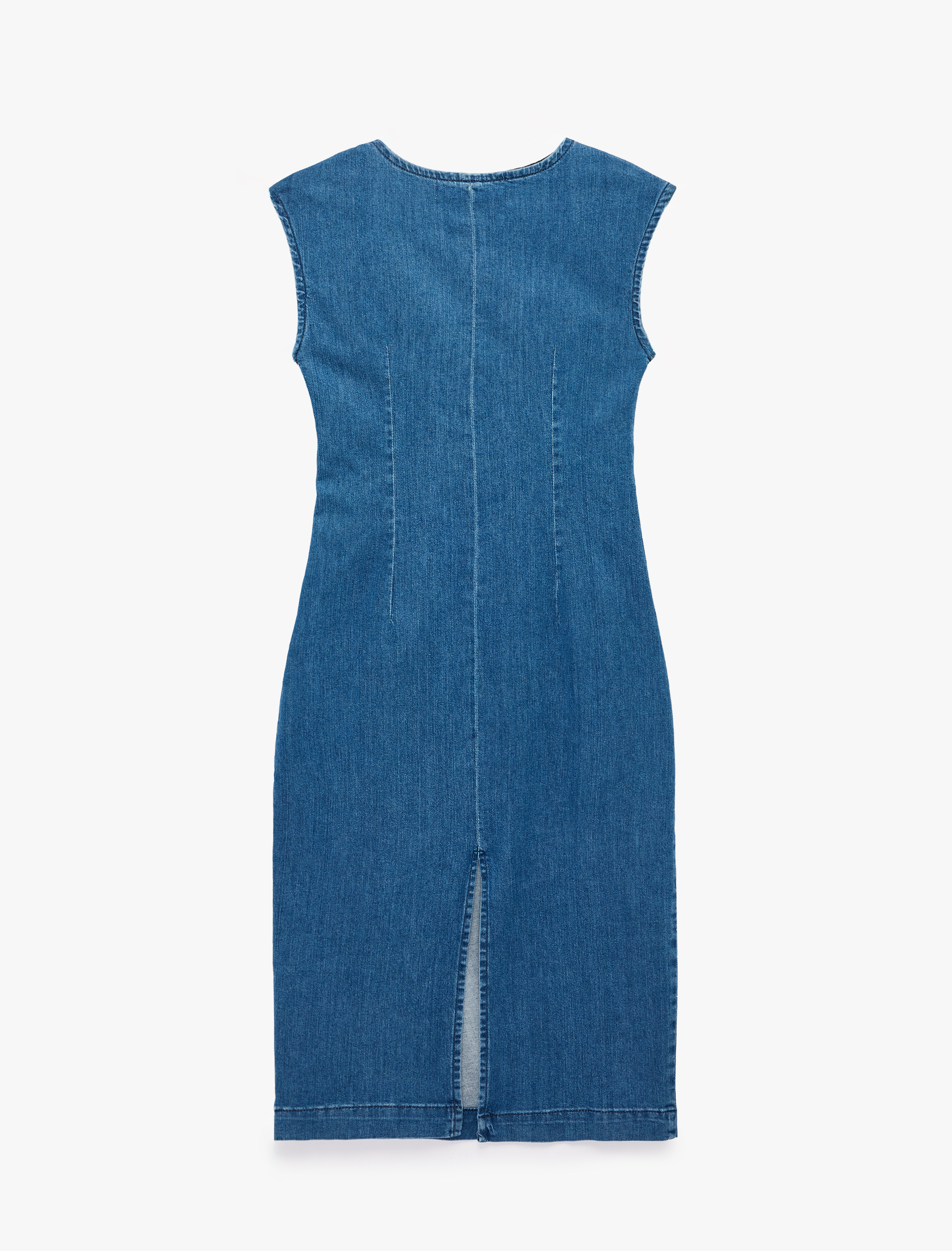   Metal Aksesuarlı Kolsuz Pamuklu Drapeli Denim Midi Elbise