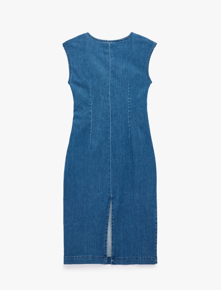  Metal Aksesuarlı Kolsuz Pamuklu Drapeli Denim Midi Elbise