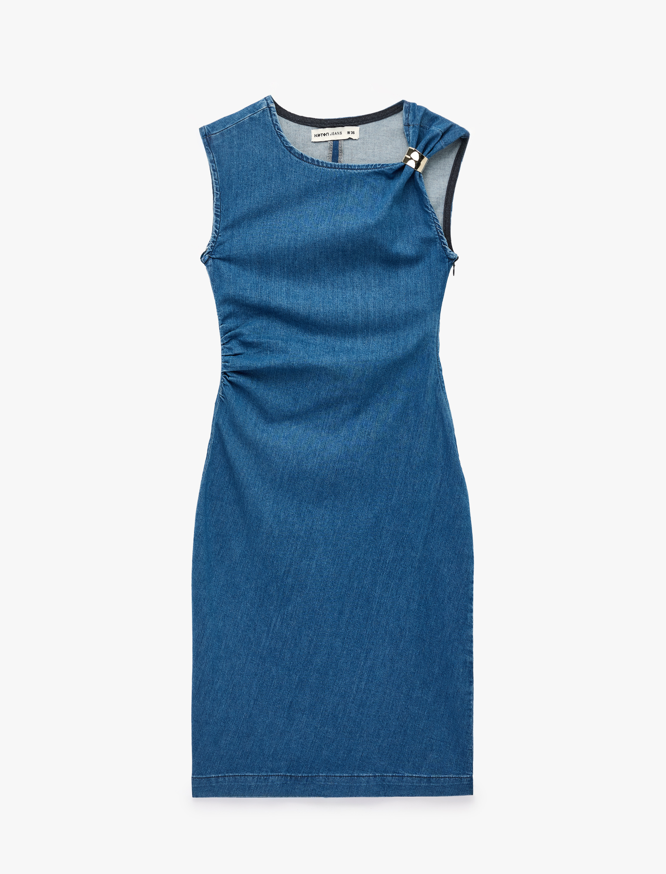   Metal Aksesuarlı Kolsuz Pamuklu Drapeli Denim Midi Elbise