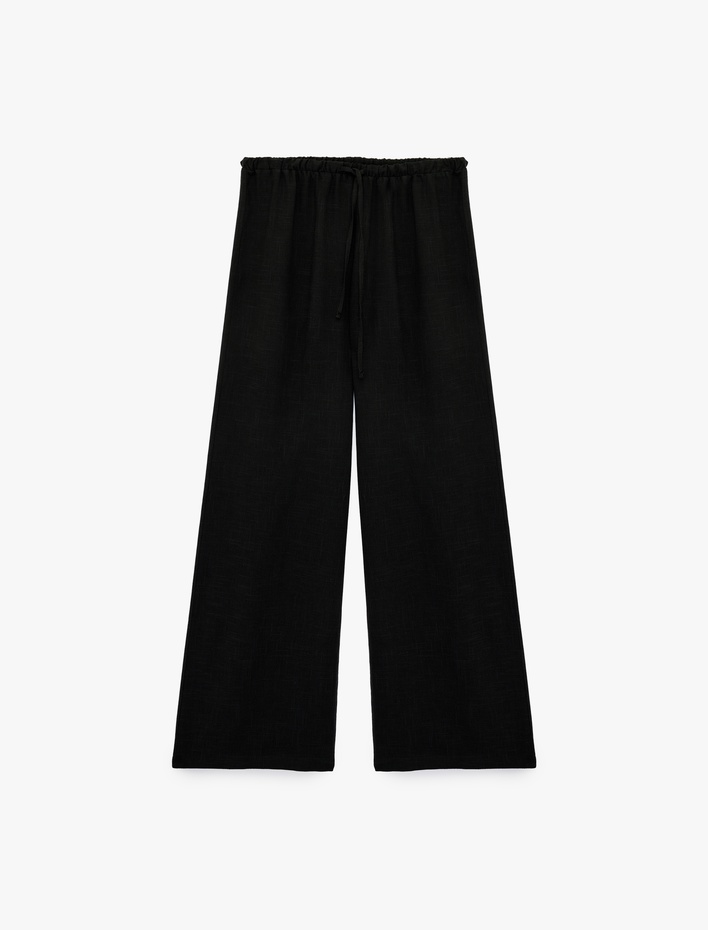  Viskon Karışımlı Beli Bağcıklı Geniş Paça Pantolon