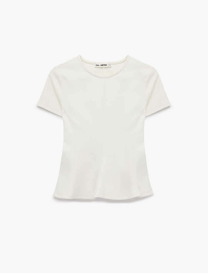  Pamuklu Kısa Kollu Bisiklet Yaka Peplum Bluz