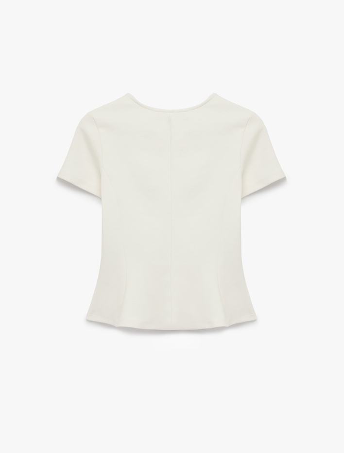  Pamuklu Kısa Kollu Bisiklet Yaka Peplum Bluz
