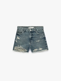 Yıpratma Detaylı Pamuklu Rahat Kalıp Mini Denim Şort