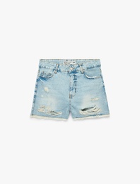 Yıpratma Detaylı Pamuklu Rahat Kalıp Mini Denim Şort