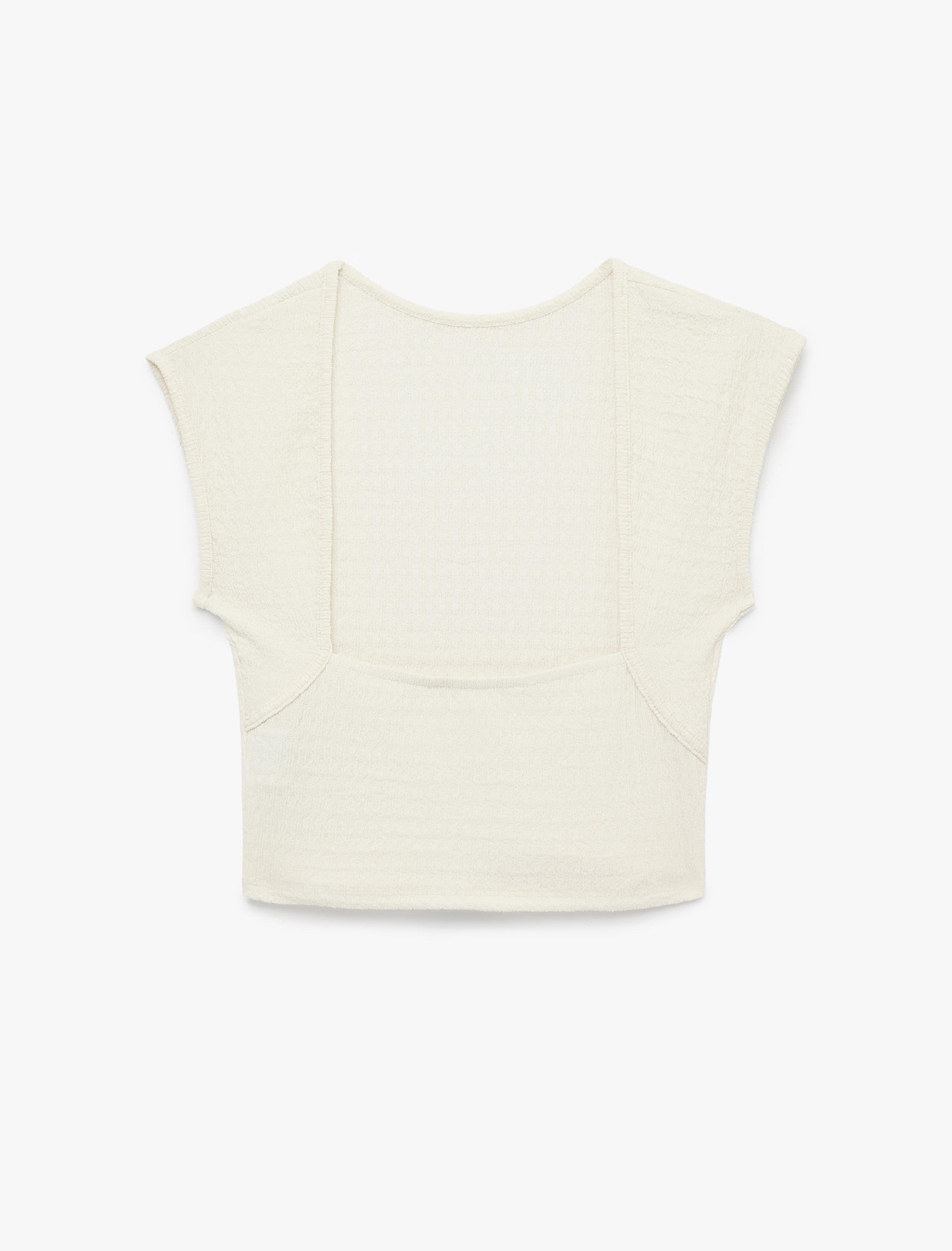   Bürümcük Kumaş Dokulu Slim Fit Kolsuz Sırt Detaylı Crop Tişört