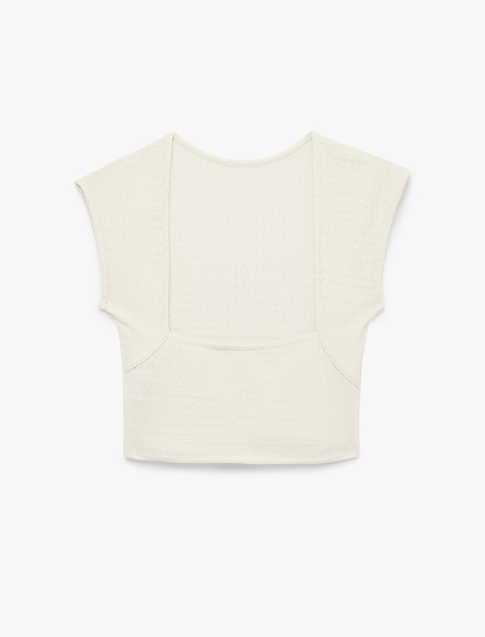  Bürümcük Kumaş Dokulu Slim Fit Kolsuz Sırt Detaylı Crop Tişört