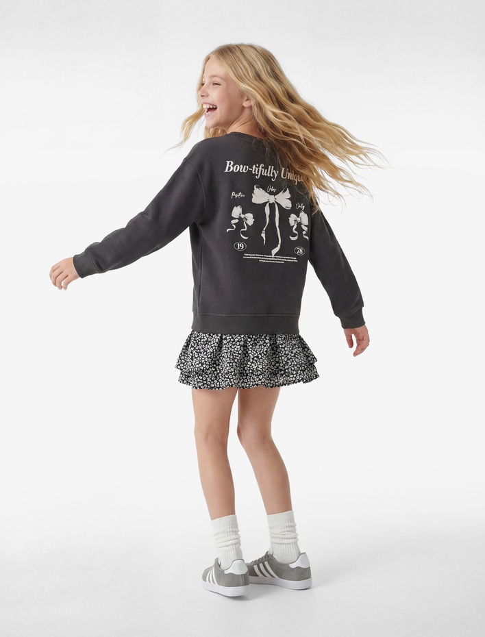 Kız Çocuk Uzun Kollu Bisiklet Yaka Fiyonk Baskılı Sweatshirt