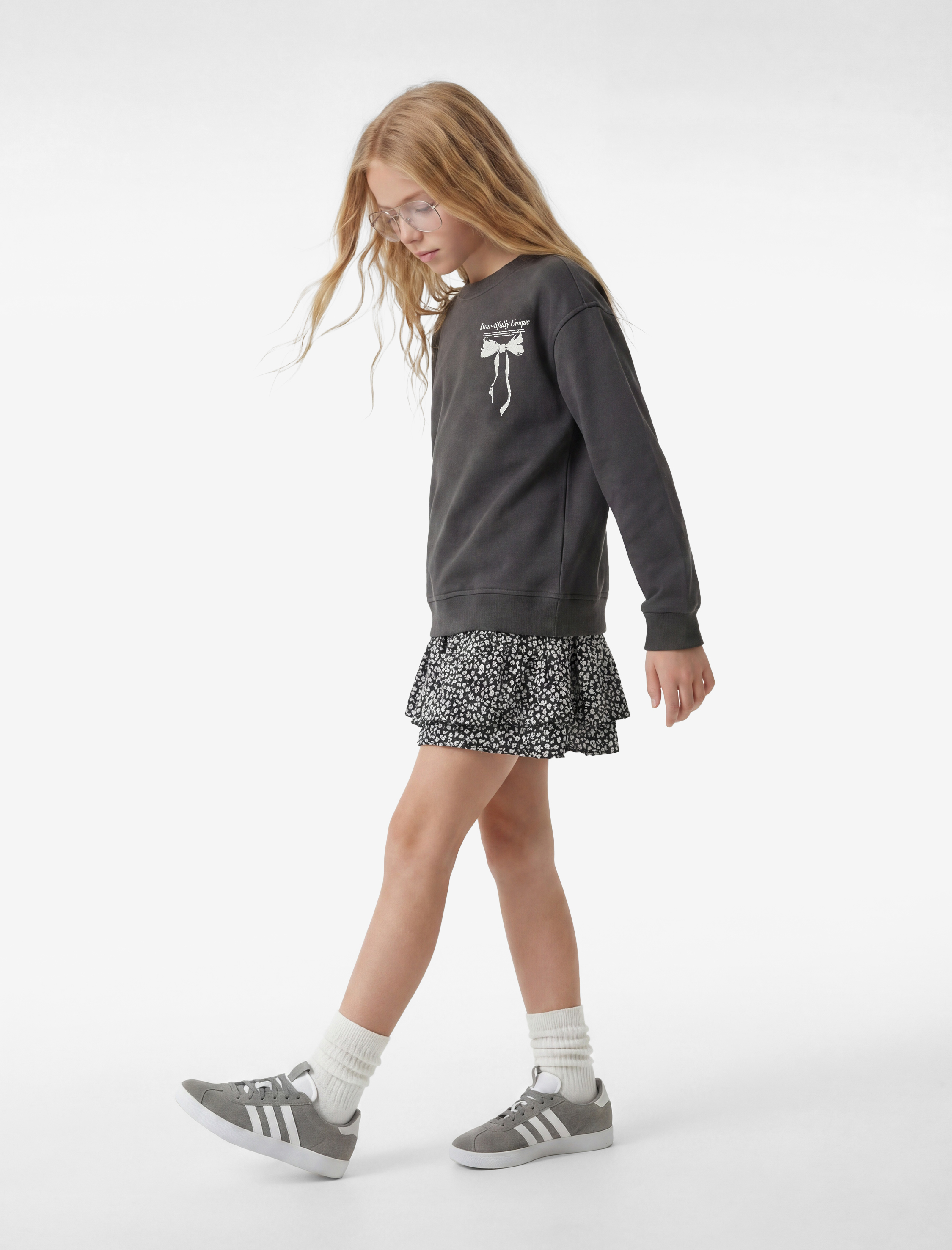  Kız Çocuk Uzun Kollu Bisiklet Yaka Fiyonk Baskılı Sweatshirt