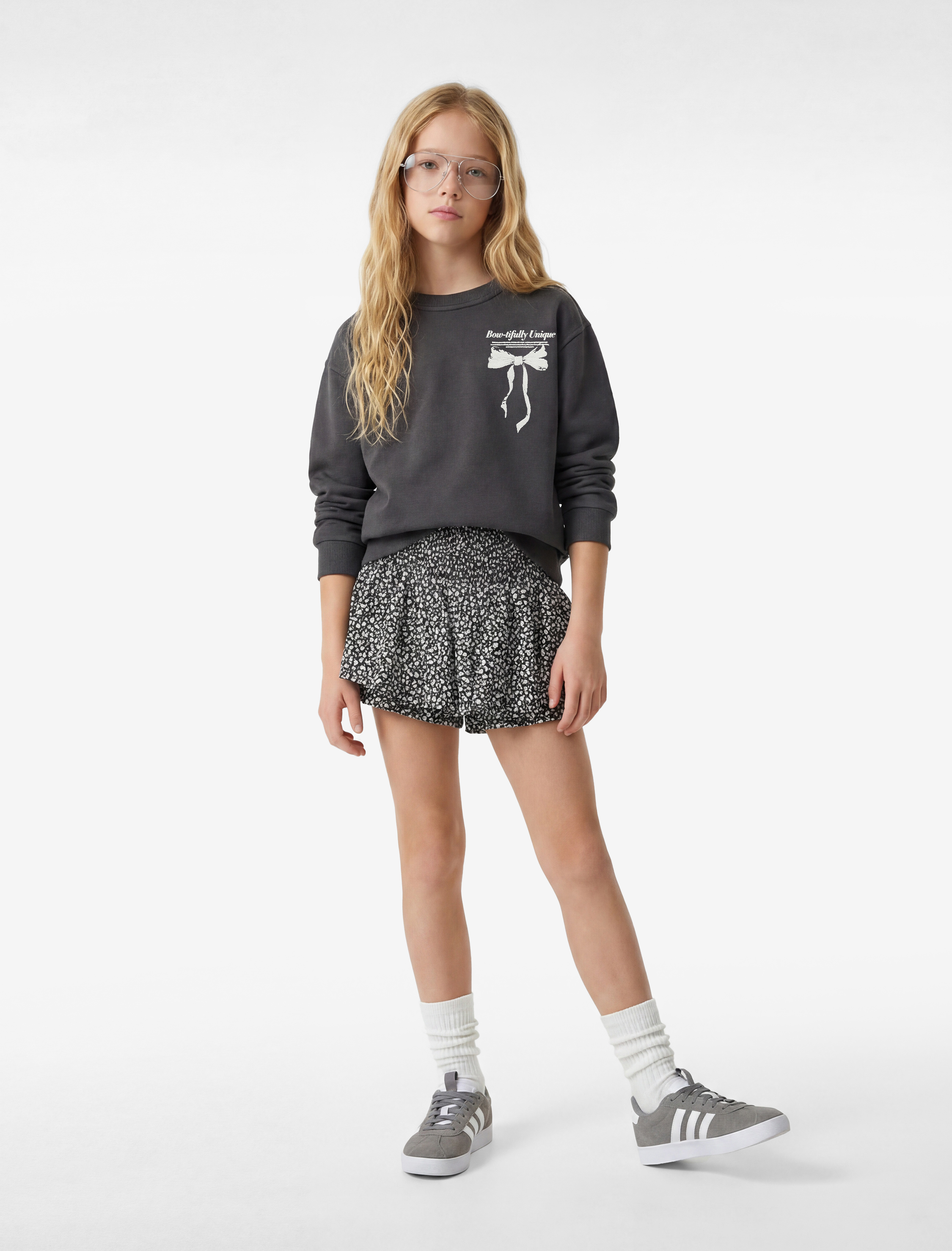  Kız Çocuk Uzun Kollu Bisiklet Yaka Fiyonk Baskılı Sweatshirt