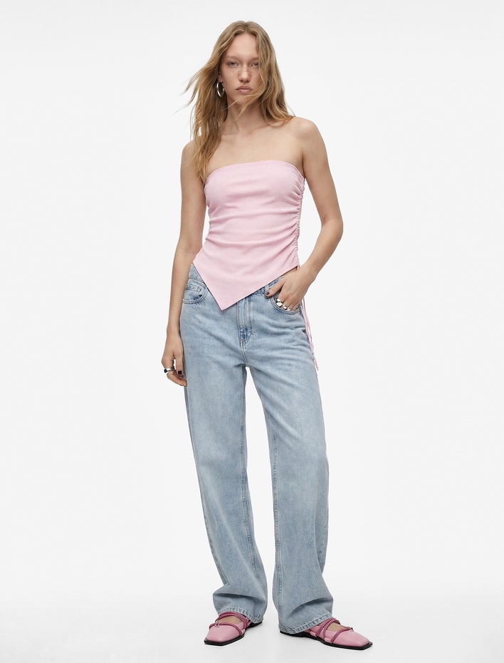  Straplez Kolsuz Slim Fit Büzgülü Asimetrik Bluz