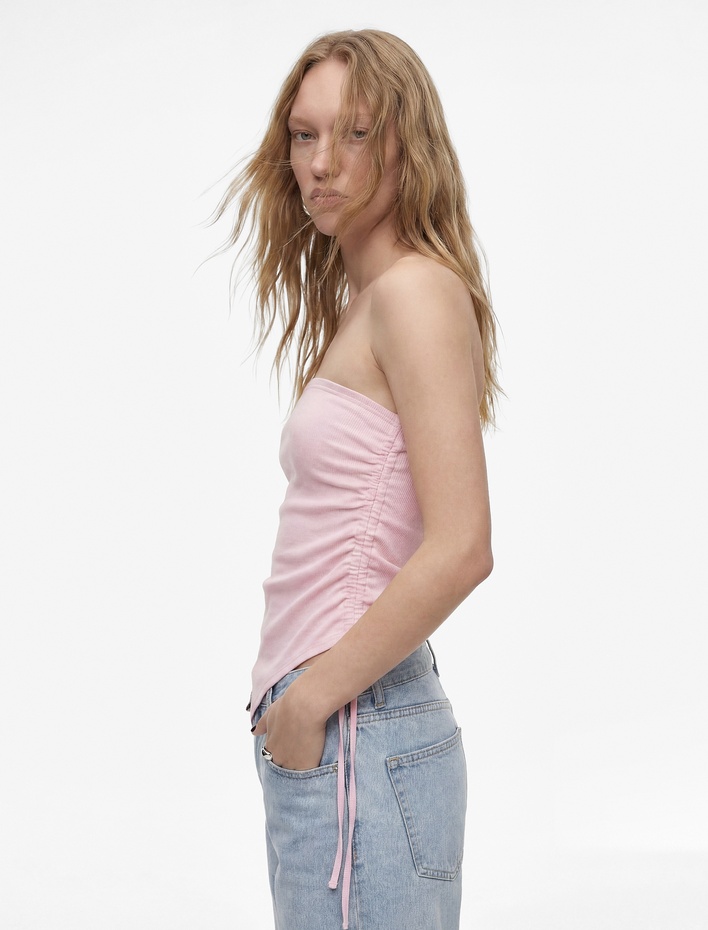 Straplez Kolsuz Slim Fit Büzgülü Asimetrik Bluz